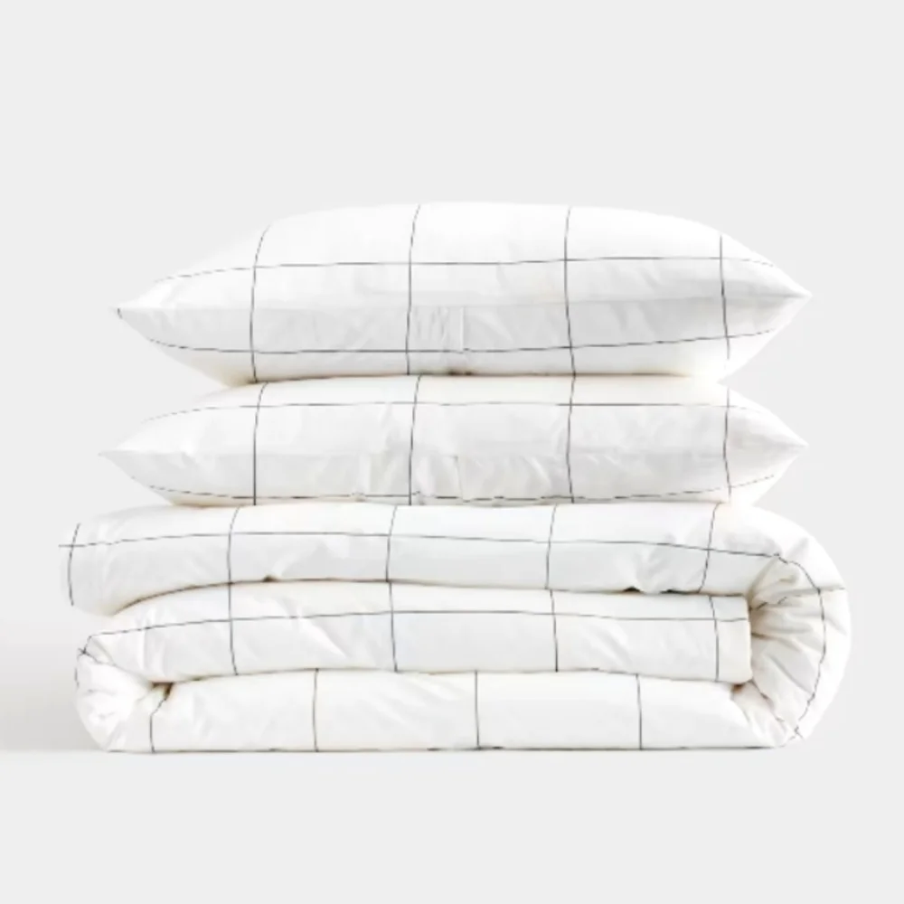 Classic Organic Cotton Percale Duvet Cover + 2 Shams TWIN Bedding Set Windowpane - Picture 3 of 10